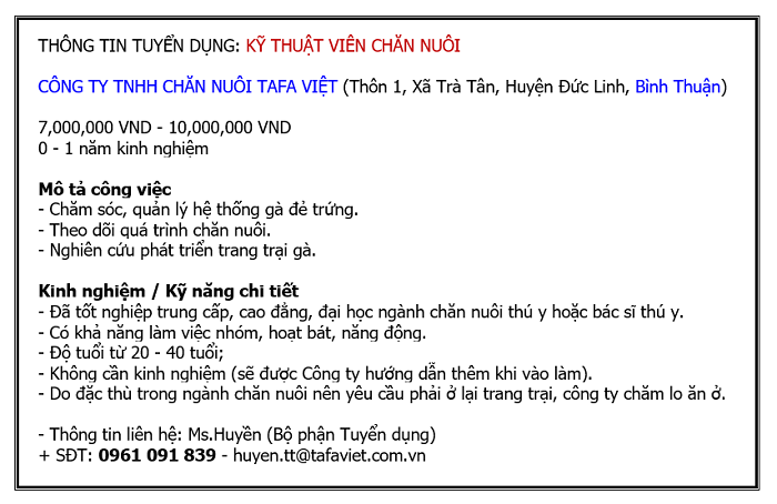 Thông báo tuyển dụng kỹ thuật viên chăn nuôi gà